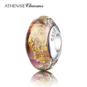 ATHENAIE パンドラ適合 ビーズチャーム シルバー925 ムラーノガラス Murano 925Silver Charm Bead Fit Pandora ピンク 金箔