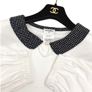 CHANEL　シャネル　白　ツイード襟付き　カットソー　パフスリーブ　美品　正規品　Tシャツ　ニット