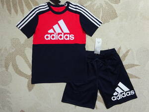 新品★adidas アディダス★140★ビッグロゴ★半袖Ｔシャツ・快適素材!! ハーフパンツ★上下★レッド/ネイビー★赤/紺★即決