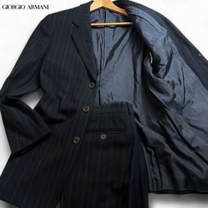 美品/XL ●GIORGIO ARMANI ジョルジオアルマーニ ●高級品 ビジネス セットアップ スーツ シングル ストライプ ダークネイビー 