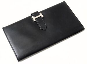 HERMES エルメス ベアン ボックスカーフ 財布 ブラック シルバー金具 メンズ レディース □C刻印 1999年　◎6603-2