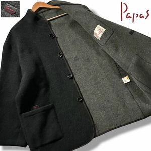 極美品/XLサイズ相当●Papas パパス ウール系 スタンドカラー コート ジャケット アウター 胸元P刺繍 ロゴタグ グレー 日本製 グレー