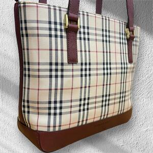 【良品/高島屋購入】BURBERRY バーバリー ノバチェック ハンドバッグ トート 肩掛け レザー 革 ロゴ型押し プレート ボルドー×ベージュ