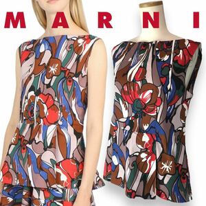 n10 美品 MARNI マルニ ノースリーブ チュニック トップス 総柄 ブラウス シャツ 40 イタリア製 コットン 100% 正規品