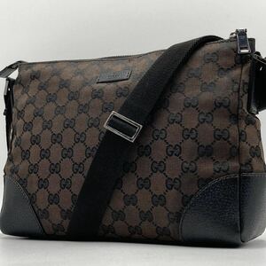 1円【入手困難品】グッチGUCCI ショルダーバッグ メッセンジャーバッグ ボディバッグ GGキャンバス 総柄 レザー ブラウン茶 斜め掛けメンズ