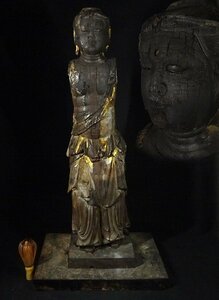 緑屋z■ 仏教美術　木彫 玉眼 金彩色　不動明王像 仏像　台座付　高約72cm　時代物　i9/9-6287/10-5#140