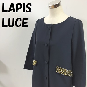 【人気】LAPIS LUCE/ラピスルーチェ BEAMS ビームス ノーカラーコート ビジューポケット スパンコール ネイビー サイズ38 レディース/S4535