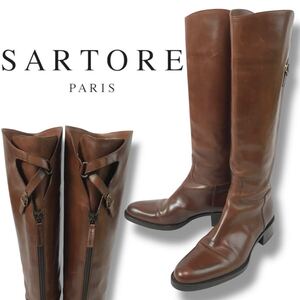 u117 未使用 SARTORE サルトル レザー ロングブーツ 本革 ブラウン ジョッキーブーツ レディース 37 イタリア製 正規品 バックジップ