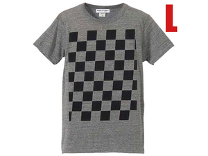 5°CHECKER 染込プリント Tシャツ GRAY×BLACK L/ビンテージアメカジ格子柄チェック柄モノトーンカフェレーサーモッズ国旗モーターサイクル