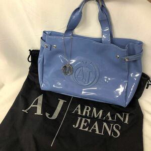 アルマーニジーンズ エナメルバッグ ブルー　グレー　ストラップ付き　布袋 Armani トートバッグ ショッピングバッグ