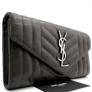 《美品》SAINT LAURENT PARIS サンローランパリ カサンドラ キルティング 二つ折り長財布 ロングウォレット チャコール