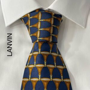 LANVIN ランバン パターン柄 デザイン シルク ネクタイ フランス製 ネイビー TG238