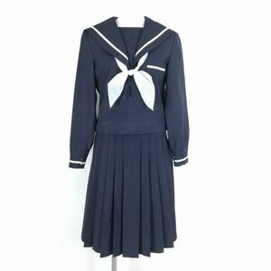 1円 セーラー服 スカート スカーフ 上下3点セット 冬物 白1本線 女子 学生服 中学 高校 紺 制服 中古 ランクC NA7351