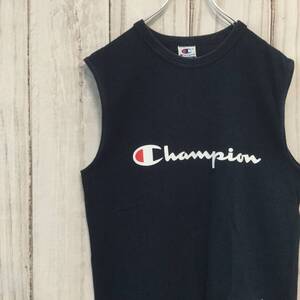 【チャンピオン ノースリーブT】90s ビッグロゴ ロゴ刺繍 海外サイズ M ネイビー Champion タンクトップ 古着 [240512-026]