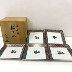 【和】15257o 和食器　九谷焼　色絵銘々皿　5枚　青郊造　桐箱入