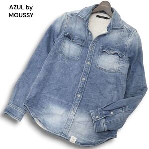 AZUL by MOUSSY アズール マウジー 通年 USED加工★ 長袖 ドビー スウェット ストレッチ デニム ワーク シャツ Sz.M　メンズ　C4T09001_A#C