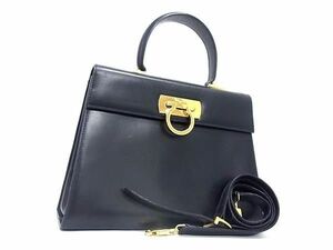 1円 Salvatore Ferragamo フェラガモ ０21 2181 ガンチーニ レザー 2WAY ショルダーバッグ ハンドバッグ レディース ネイビー系 AZ4605