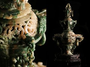 【流】中国美術 翡翠彫刻特大香炉 高53cm KV603○
