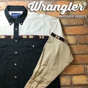 ★USA直輸入★【Wrangler ラングラー】 ネイティブ柄リボン 切替 長袖 ウエスタンシャツ[海外規格 L]黒 オフ白 ベージュ エンジ K3-090