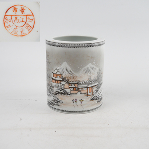 240773 唐物 雪景 筆筒 景徳鎮製 景徳鎮窯 H12.5cm 中国古玩