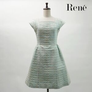 美品 Rene ルネ TUSSUE イタリア製 ライン刺繍 セミスリーブ フレアワンピース 裏地あり レディース 水色 ライトブルー サイズ34*NC422