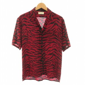 SAINT LAURENT PARIS 19AW Zebra Silk Vacation Shirt オープンカラー 半袖 ゼブラ柄 しまうま柄 絹 シルク 37 XS 赤 黒 メンズ