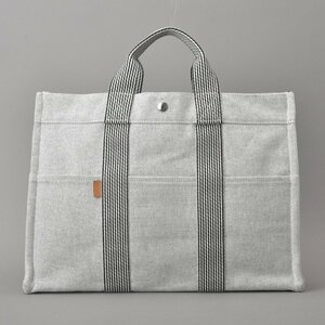 1円 極美品 HERMES エルメス ニューフールトゥMM トートバッグ ハンドバッグ グレー キャンバス クリーニング済 A4 軽量 鞄 Ma.d