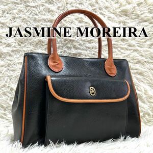 1円【極美品】JASMINE MOREIRA ジャスミンモレイラ ハンドバッグ シボ革 トート レザー 本革 肩掛け ブラック 黒ロゴ金具 ニミボストン