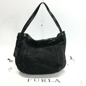 FURLA/フルラ ハンドバッグ レザー 手提げ トート かばん ブラック 黒 裏地ヒョウ柄 クロコ レディース 保存袋付き 24ｆ菊E