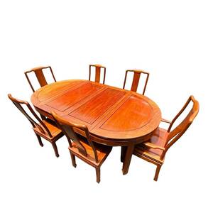 【直引歓迎】中国 唐木家具 花梨 ダイニングセット 無垢材 伸張テーブル 椅子6客セット
