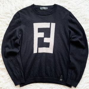 美品 Lサイズ FENDI 高級 カシミヤ シルク ニット ズッカ ズッキーノ FFロゴ 黒 フェンディ メンズ 長袖 セーター クルーネック 