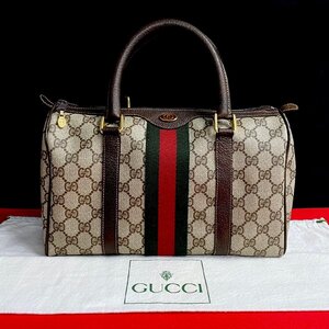 極 美品 GUCCI グッチ オールドグッチ ヴィンテージ シェリーライン GG ロゴ レザー 本革 ボストンバッグ ハンドバッグ ブラウン 10938