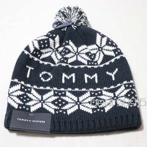 新品アメリカ購入 Tommy Hilfiger トミー ヒルフィガー ノルディック＆ロゴ柄 ビーニー ニットキャップ ワッチ 濃紺白F