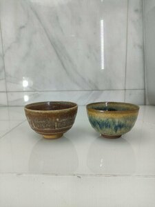 ΦMΦ 春景作 京焼茶碗 2個セット 印章あり / 陶器 茶道 天目 清水焼 美術 工芸　Y-220812