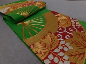 〔楽布特選〕P20847　重厚な綴れに手刺繍振袖用丸帯　未使用仕立て上がり品　オークション　ｔ