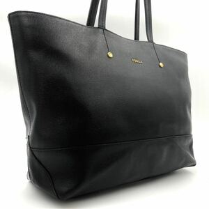 1円 【美品】 FURLA フルラ トートバッグ ビジネス 肩掛け ロゴ金具 ブラック レザー A4収納 通勤 仕事鞄 黒 メンズ レディース 紳士 