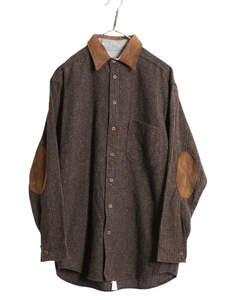 90s USA製 ウールリッチ チェック ウール 長袖 シャツ メンズ M / 90年代 オールド Woolrich 紺タグ 襟 切替 本革 レザー エルボーパッチ