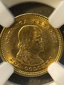 【120年前のコロンブス金貨として有名】MS65高鑑定　1900年 コスタリカ ２コロネス　カードOK