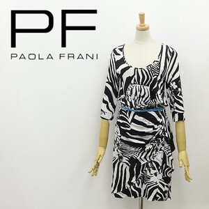 ◆PAOLA FRANI パオラフラーニ ストレッチ ジャージ 総柄 ドレープ ベルテッド ワンピース ブラック×ホワイト 40