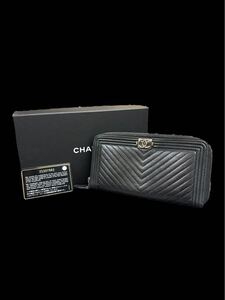 A10919 美品 シャネル 財布 CHANEL 長財布 ボーイシャネル Vステッチ ラム シェブロン ブラック ラウンドファスナー 