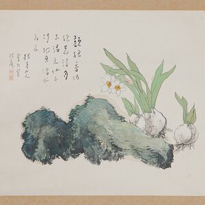 【五】松林桂月 『湖石水仙』 真作 紙本 彩色 掛軸 共箱