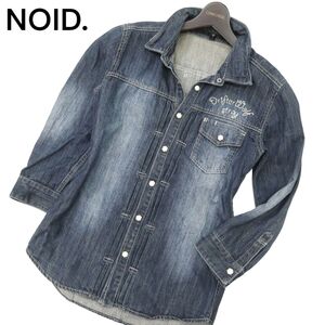 NOID. ノーアイディー 春夏 USED加工★ ロゴ刺繍 襟ワイヤー 7分袖 デニム シャツ Sz.1　メンズ　C4T06208_6#A