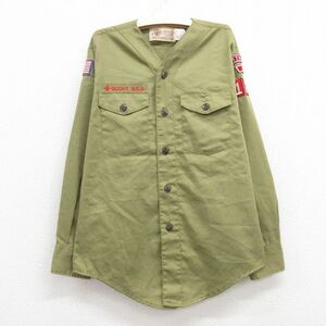 古着 長袖 ボーイスカウト シャツ キッズ ボーイズ 子供服 80s 星条旗 ノーカラー 緑系 グリーン 23jun22