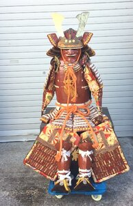 【三】薩摩住光忍作 甲冑一式 鎧櫃 武具骨董 具足 鎧櫃 戦国武将 朱色　e1062