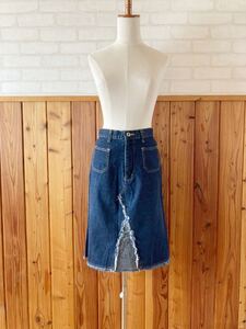 日本製 レディース デニムスカート Mサイズ位 エスニック ヒッピー 膝丈スカート タイト 古着 アメカジ ポケット denim skirt ⑩