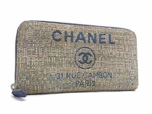 1円 CHANEL シャネル ココマーク ロゴ ドーヴィルライン キャンバス ラウンドファスナー 長財布 ウォレット ベージュ系×ブルー系 FD2433