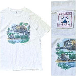 90’s DELTA デルタ ヴィンテージ Tシャツ 白 ホワイト XXLサイズ アニマル アライグマ プリント アメリカ スーベニア シングルステッチ