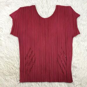 美品 PLEATS PLEASE ISSEY MIYAKE プリーツプリーズ イッセイ ミヤケ カットソー 赤 半袖 シャツ Tシャツ トップス PP63-JK532 レディース