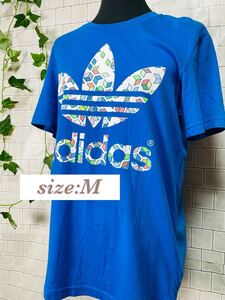 ★メンズ adidas 定番モデル アディダス フロント トレフォイルロゴ 半袖 Tシャツ ブルー サイズM 031124-015