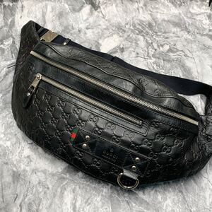 1円【美品】GUCCI グッチ メンズ GGシマ シェリーライン ショルダーバッグ ボディバッグ ウエストポーチ 斜め掛け レザー ブラック 黒色